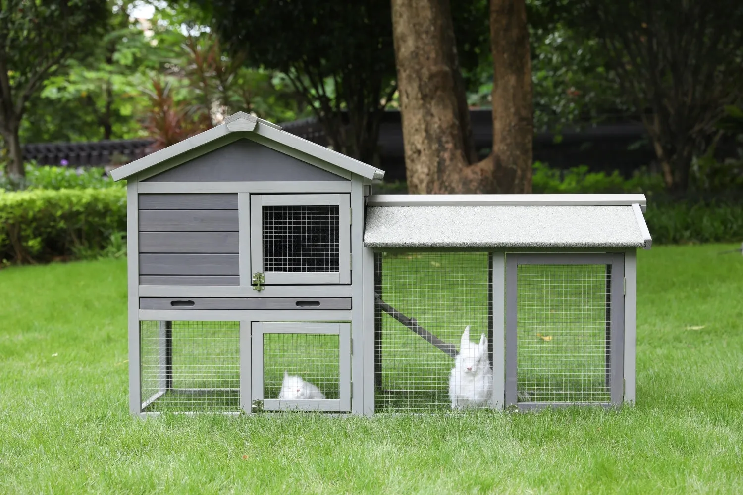 148cm Double Story Wooden Rabbit Hutch & Cage with Metal Run