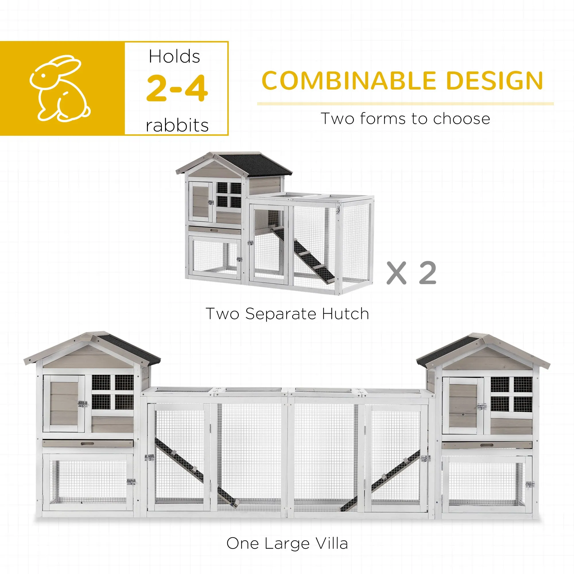 2 in 1 Rabbit Hutch, Double Main House Guinea Pig Hutch, Wooden Small Animal House with Run Box, Slide-out Tray, Ramp, 259 x