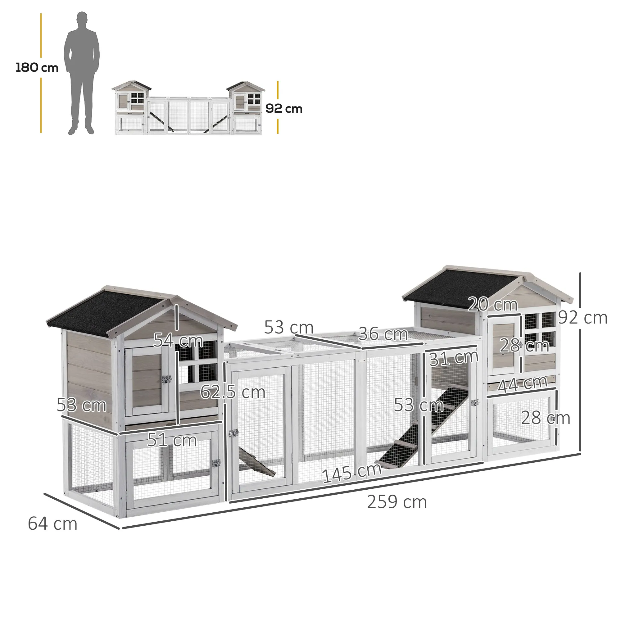 2 in 1 Rabbit Hutch, Double Main House Guinea Pig Hutch, Wooden Small Animal House with Run Box, Slide-out Tray, Ramp, 259 x