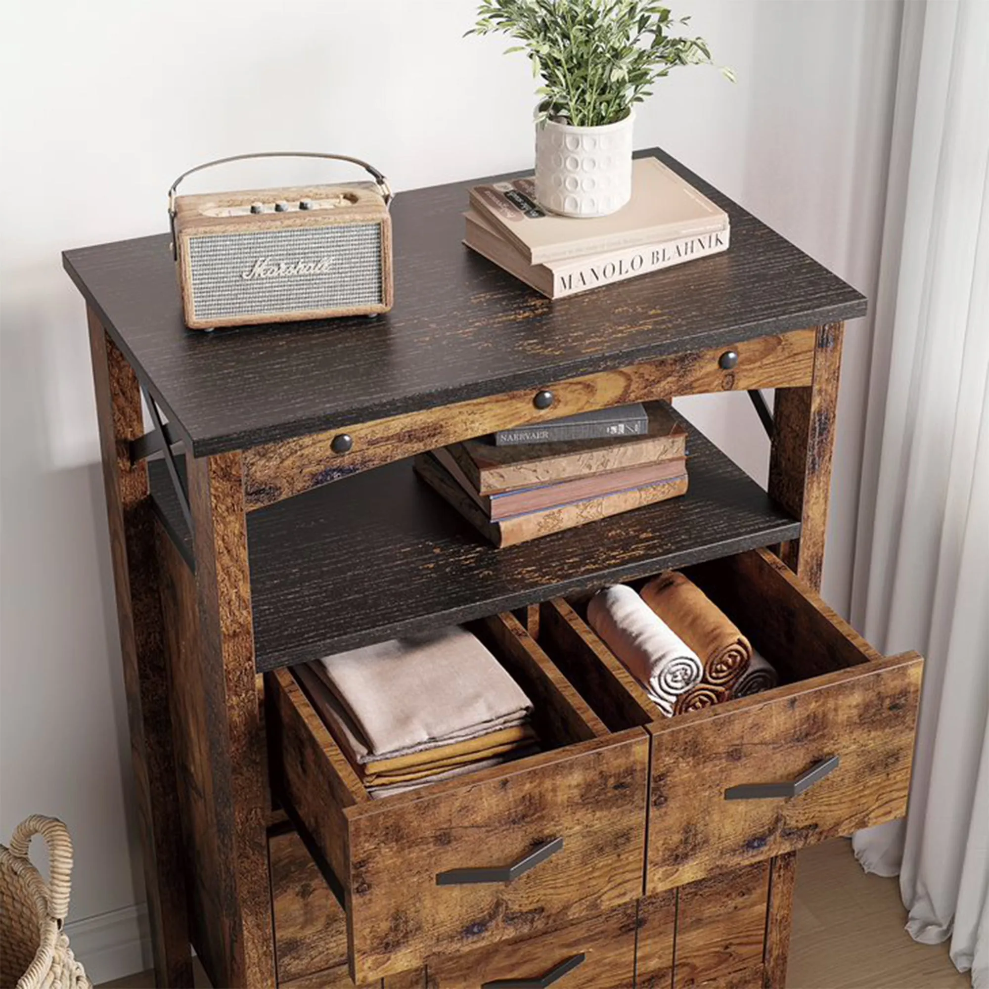 Bestier Living Room Storage Cabinet with 2 Shelves and 4 Drawers, Dark Brown