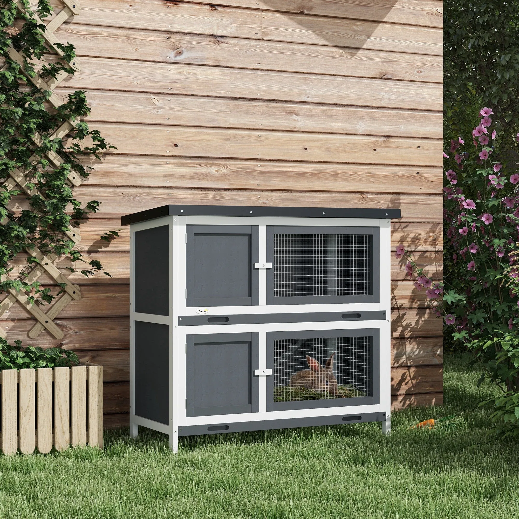 Double Decker Rabbit Hutch 2 Tier Guinea Pig House Pet Cage Outdoor with Sliding-out Tray, 100x47x91cm, Grey