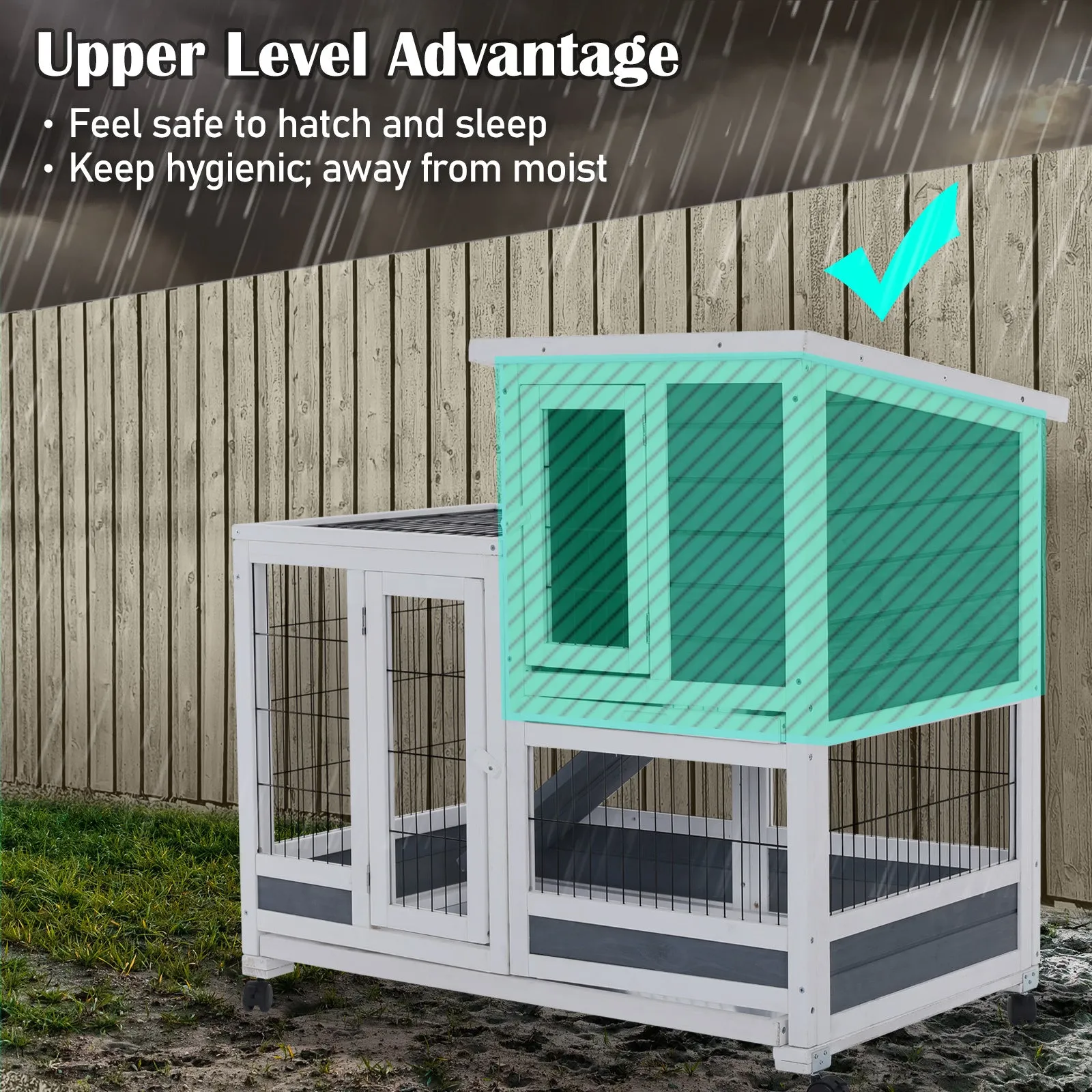 Durable 2-Storey Rabbit Hutch with Wheels, Ramp & PVC Roof, Paw Mate