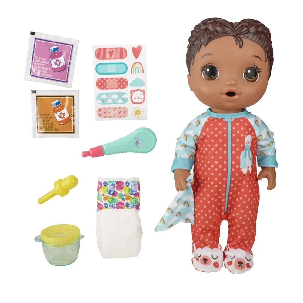 HASBRO  Baby Alive Mix My Medicine Baby: Includes doll, diaper, medicine cup and dropper, 2 packets of doll medicine, interactive thermometer, removable pajamas, bandage stickers, tissue, and instructions - E6941