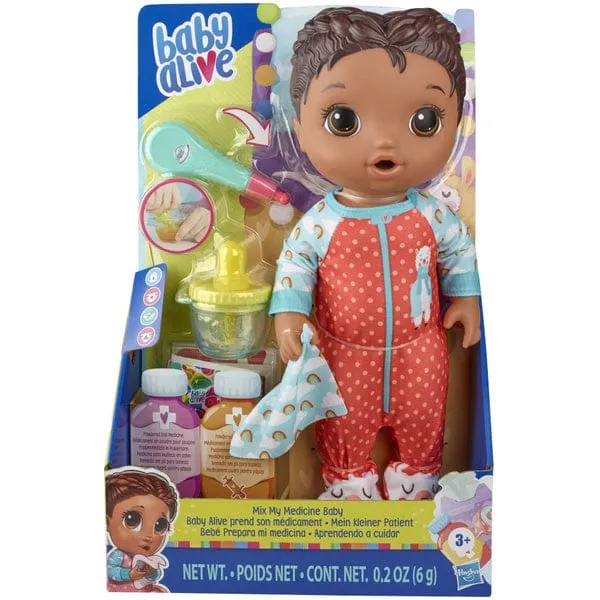 HASBRO  Baby Alive Mix My Medicine Baby: Includes doll, diaper, medicine cup and dropper, 2 packets of doll medicine, interactive thermometer, removable pajamas, bandage stickers, tissue, and instructions - E6941