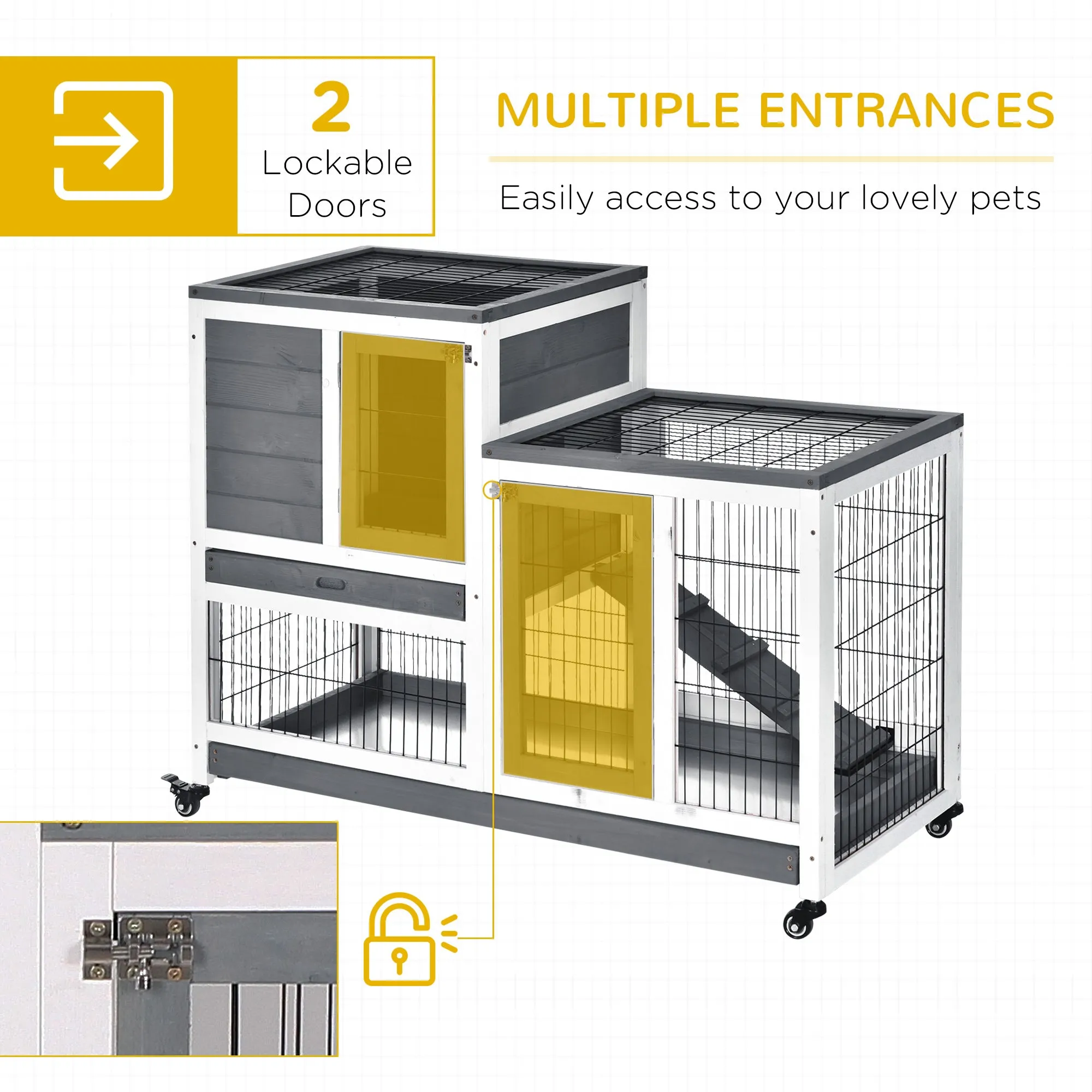 Indoor Wooden Rabbit Hutch Guinea Pigs House Bunny Small Animal Cage W/ Wheels Enclosed Run 110 x 50 x 86 cm