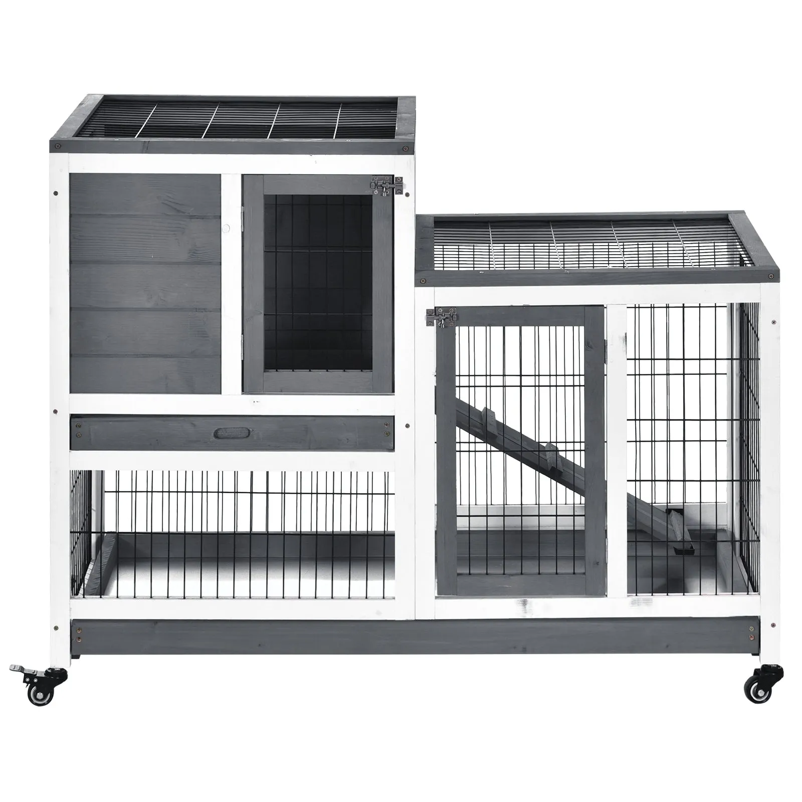 Indoor Wooden Rabbit Hutch Guinea Pigs House Bunny Small Animal Cage W/ Wheels Enclosed Run 110 x 50 x 86 cm