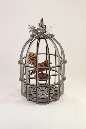 Large White Bird Cage with Black Fantail  - Abstract Design