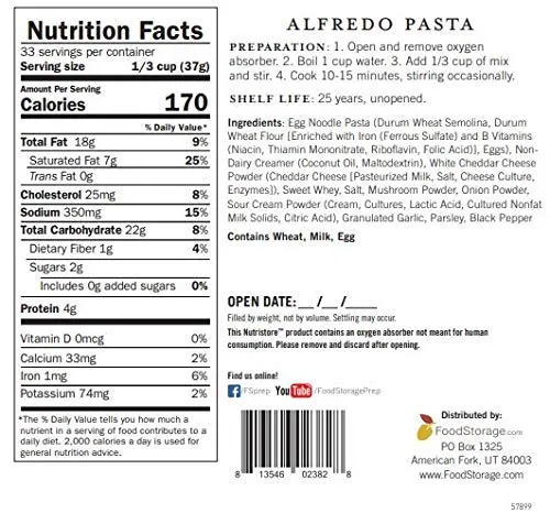 Nutristore Alfredo Pasta #10 Can - 33 Servings