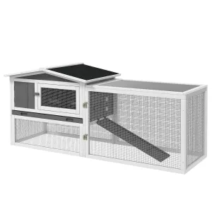 Rabbit Hutch and Run Outdoor Bunny Cage Wooden Guinea Pig Hide House with Sliding Tray, Hay Rack, Ramp, 156 x 58 x 68cm, Grey