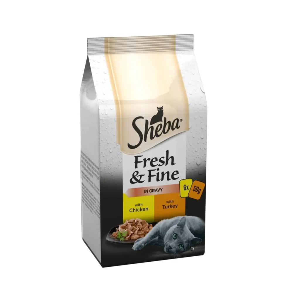 Sheba | Wet Cat Food Pouches | Fresh & Fine Single Servings | Chicken & Turkey Selection in Gravy - 6 x 50g