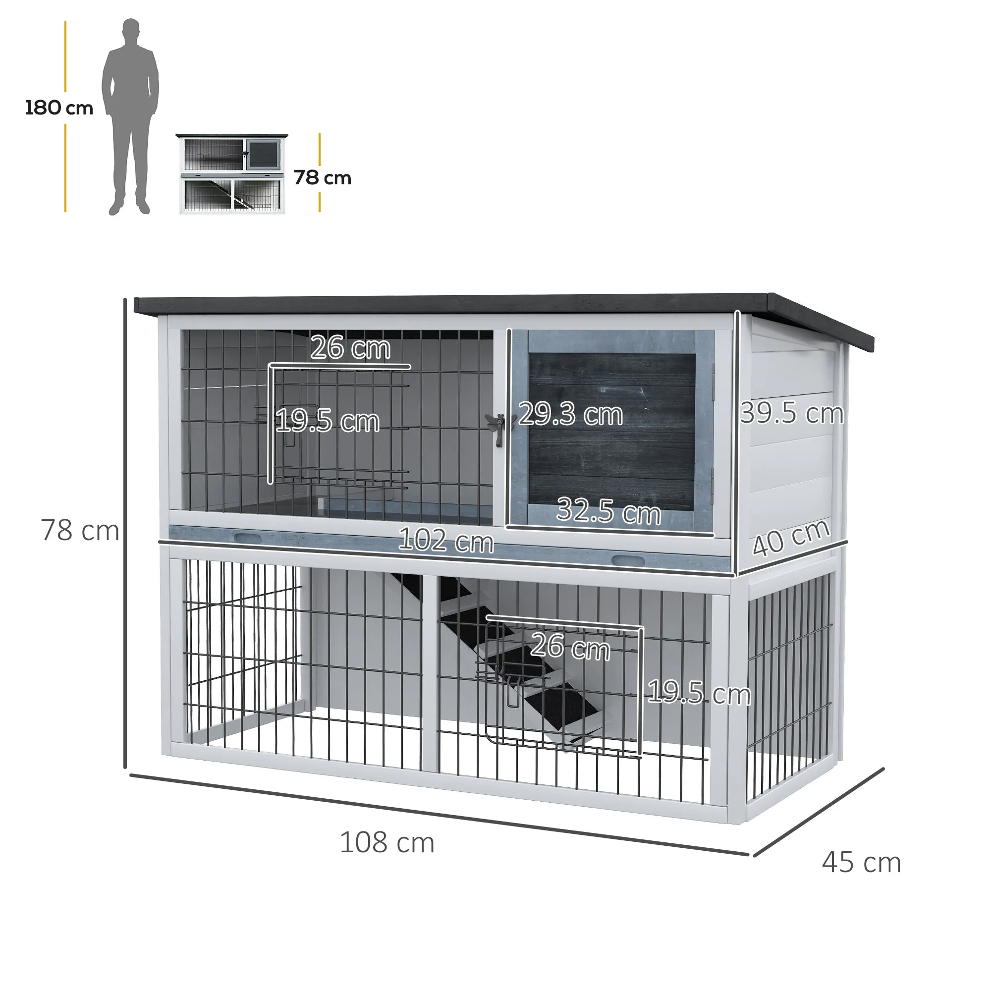 Small Animal Two-Level Fir Wood Hutch w/ Slide Out Tray Grey