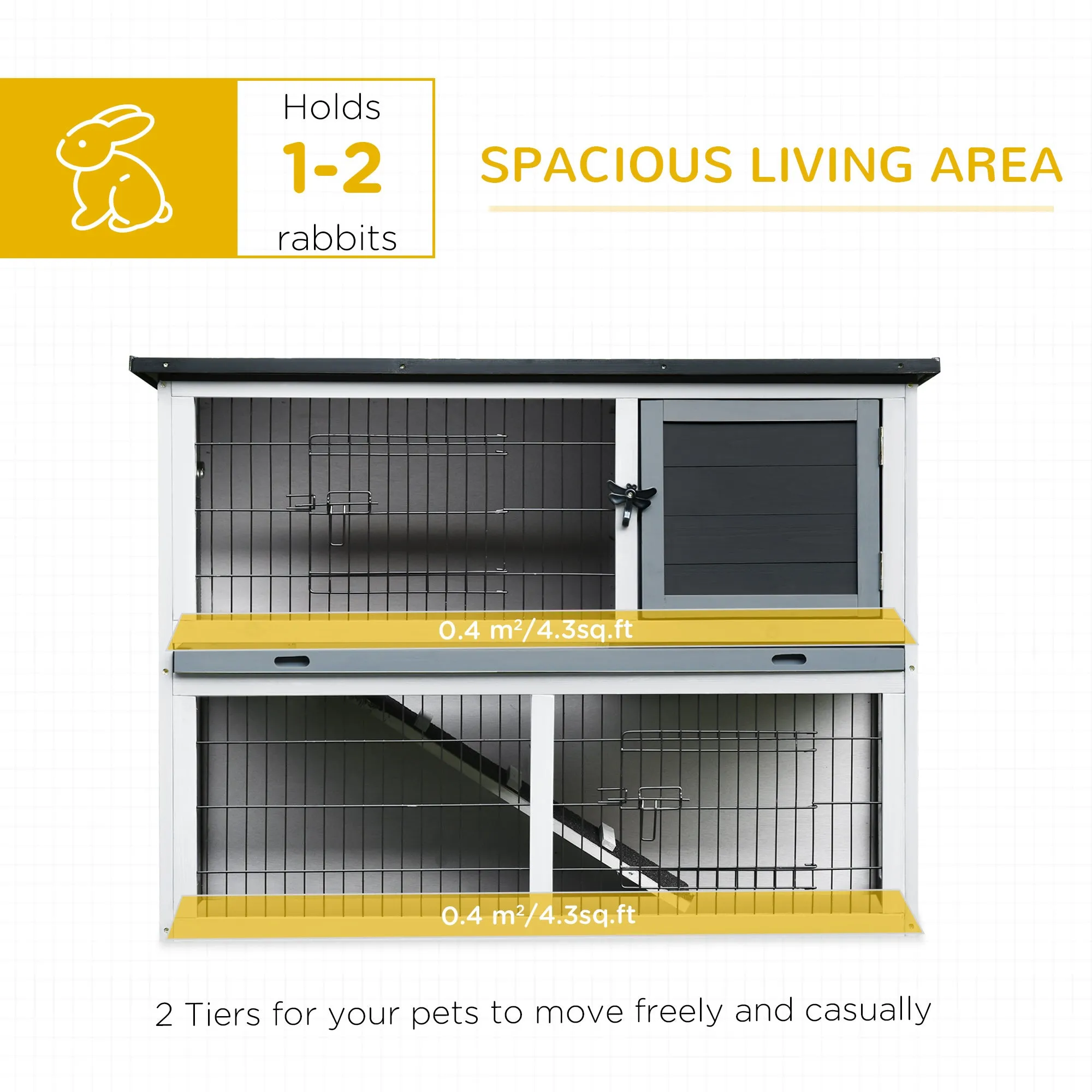 Small Animal Two-Level Fir Wood Hutch w/ Slide Out Tray Grey