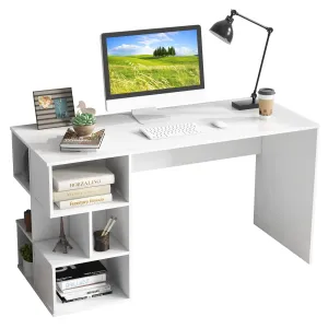 Tangkula 55" White Desk with Bookshelf, Modern Home Office Desk with 3 Tier Storage Shelves