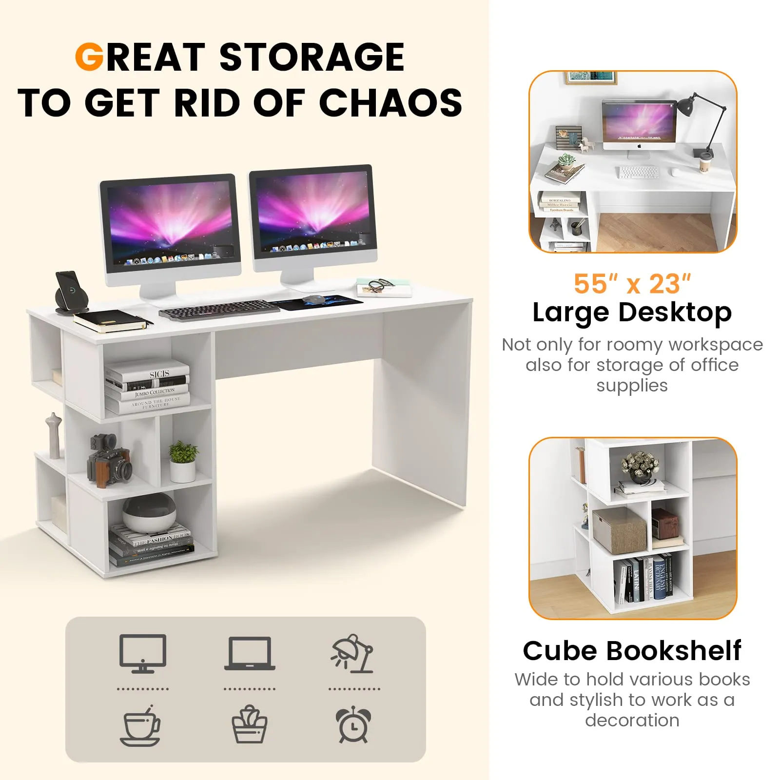 Tangkula 55" White Desk with Bookshelf, Modern Home Office Desk with 3 Tier Storage Shelves