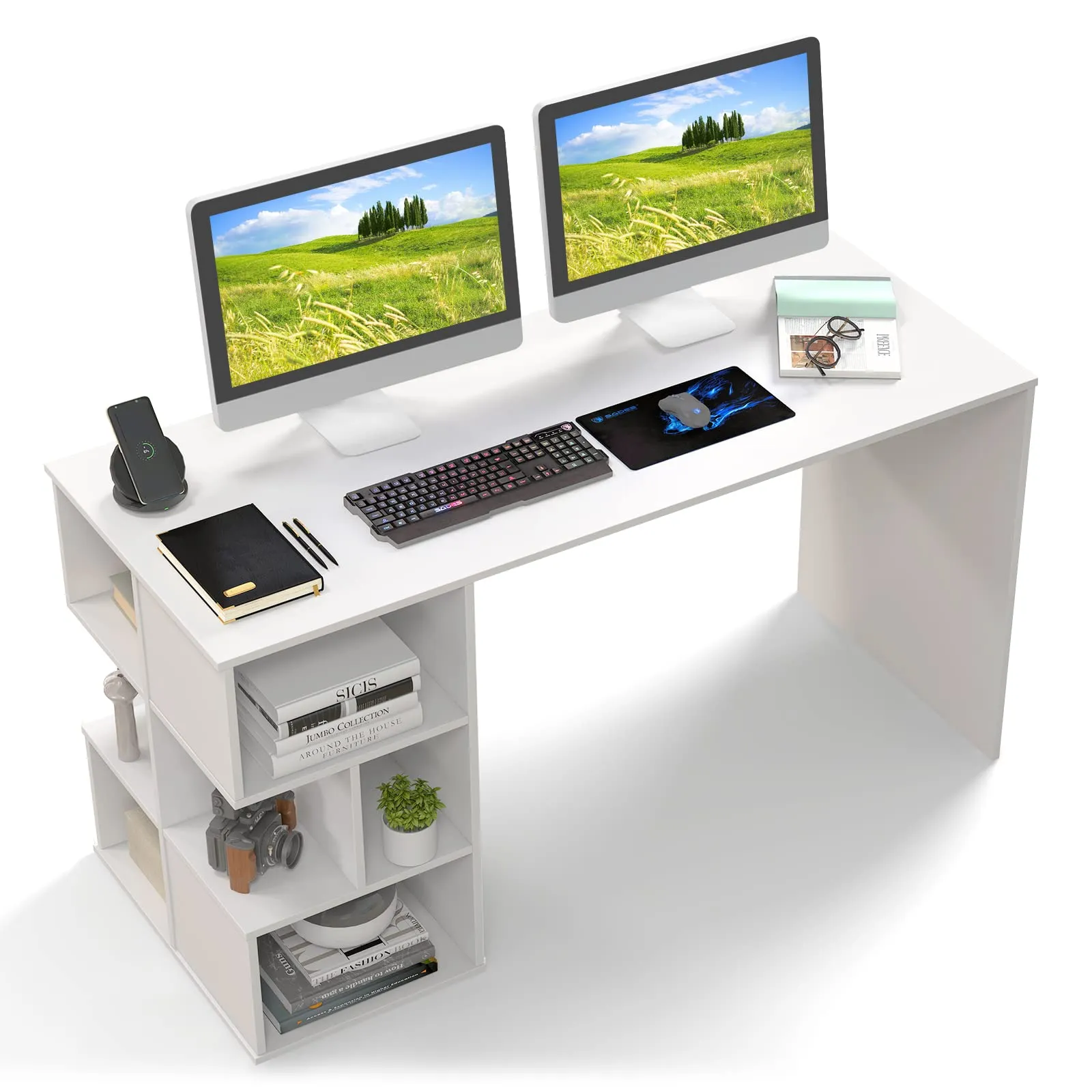 Tangkula 55" White Desk with Bookshelf, Modern Home Office Desk with 3 Tier Storage Shelves