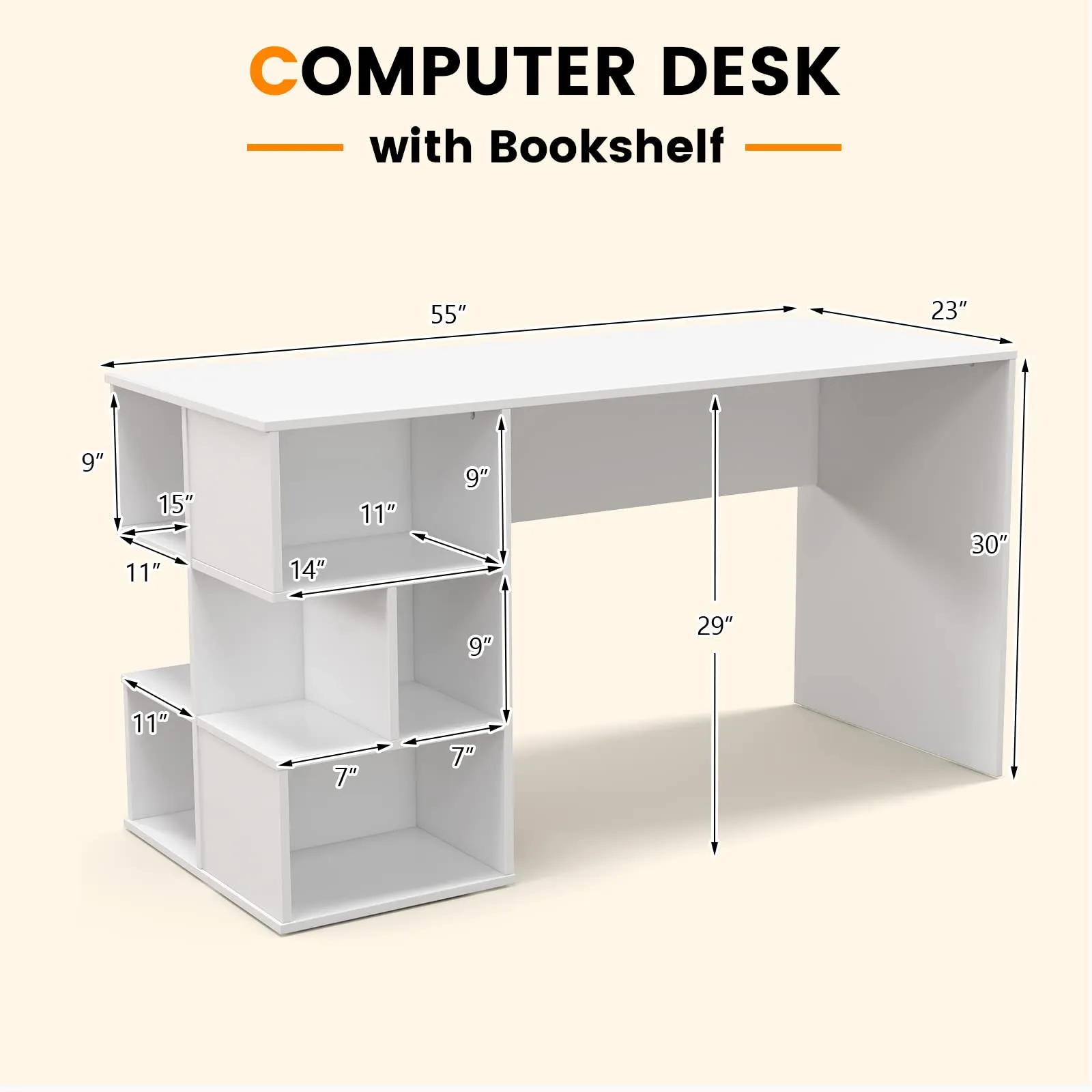 Tangkula 55" White Desk with Bookshelf, Modern Home Office Desk with 3 Tier Storage Shelves