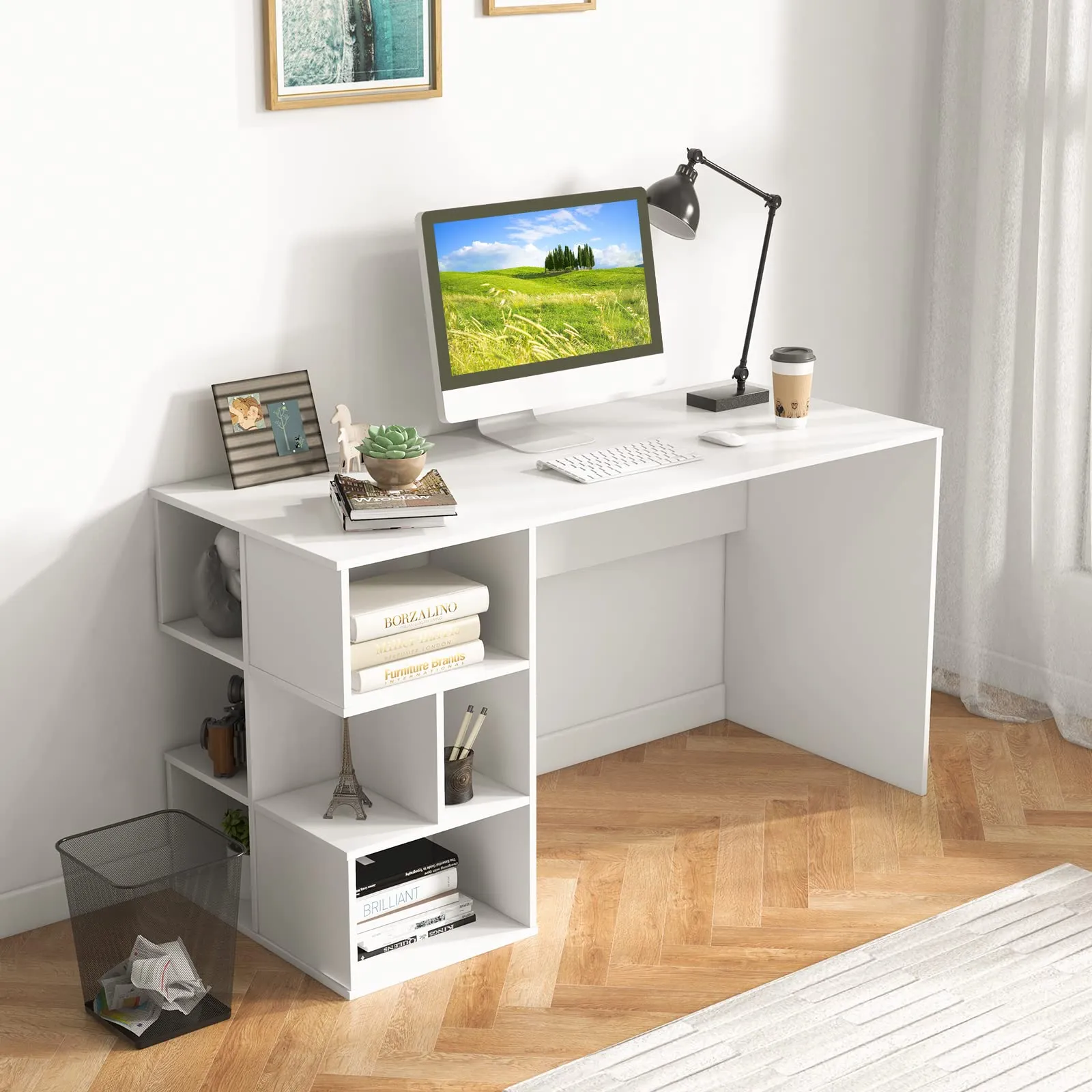 Tangkula 55" White Desk with Bookshelf, Modern Home Office Desk with 3 Tier Storage Shelves