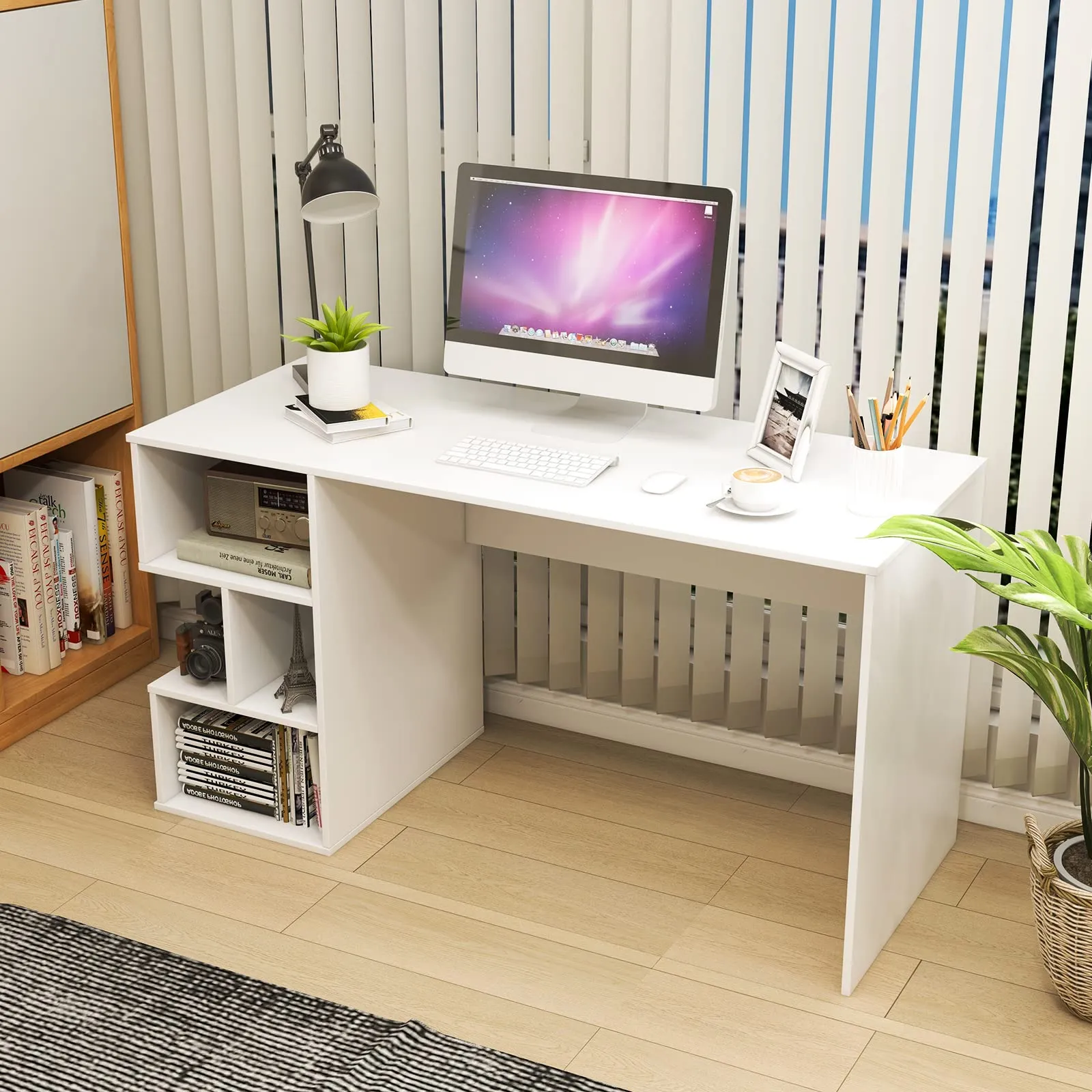 Tangkula 55" White Desk with Bookshelf, Modern Home Office Desk with 3 Tier Storage Shelves