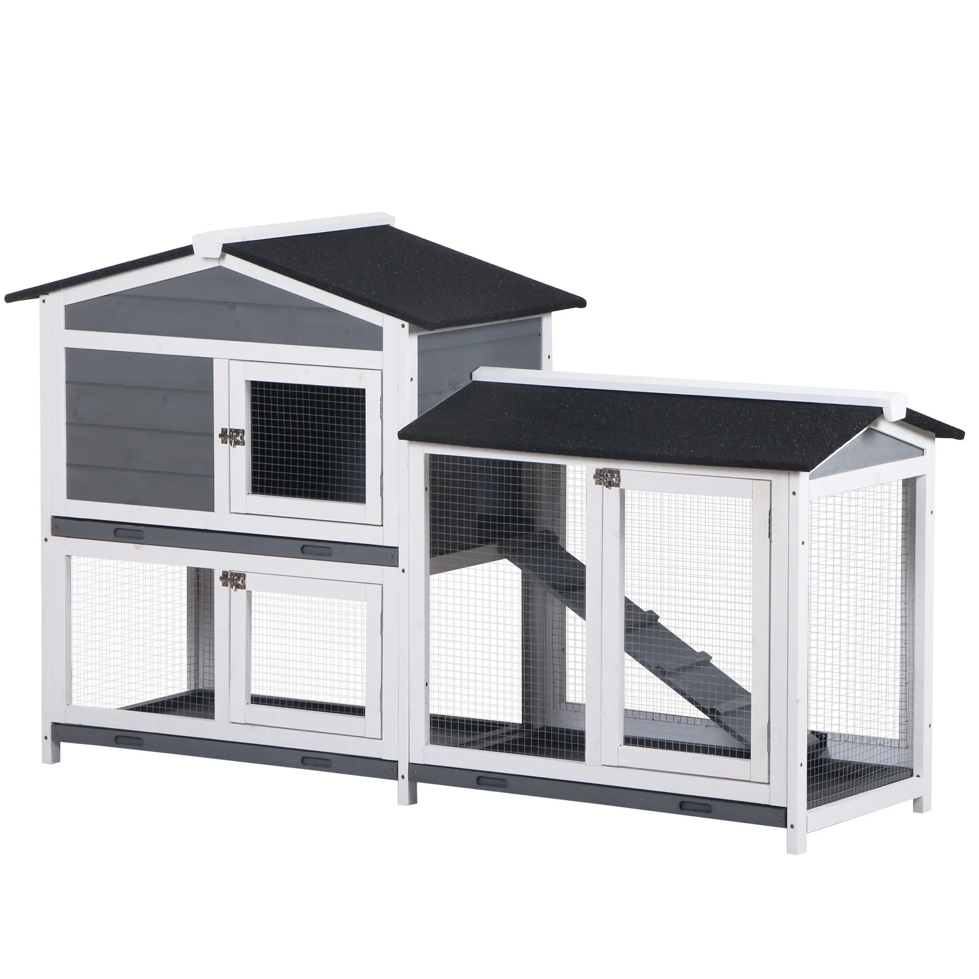 Wooden 2-Tier Rabbit Hutch w/ Tray Ramp Grey