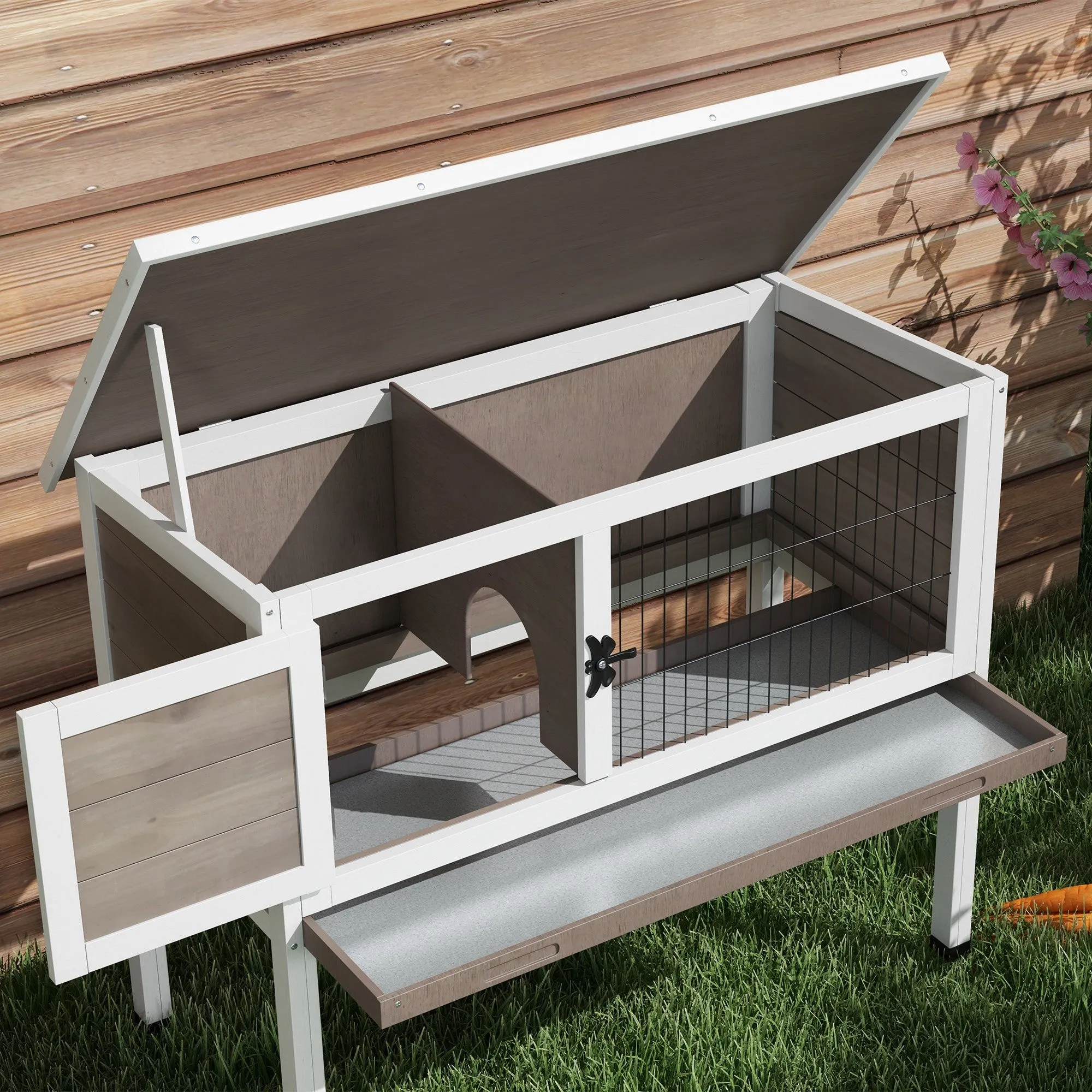 Wooden Rabbit Hutch Guinea Pig Hutch Bunny Cage Garden Built in Tray Openable Asphalt Roof Small Animal House 84 x 43 x 70 cm Brown