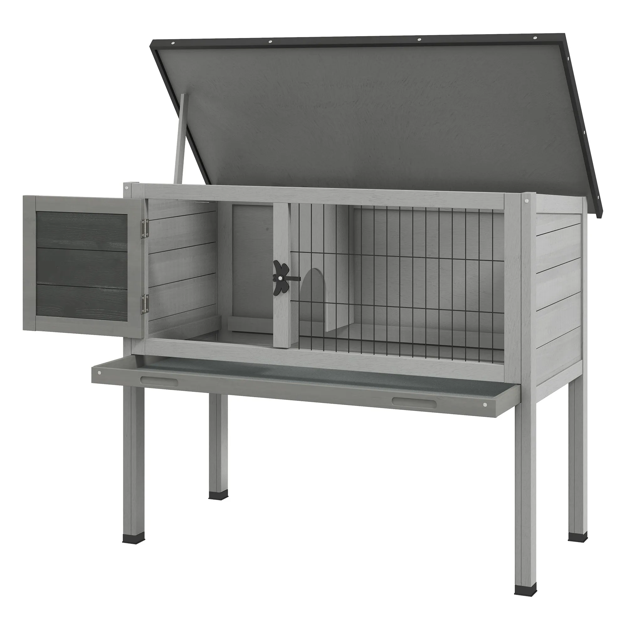 Wooden Rabbit Hutch Guinea Pig Hutch Bunny Cage Garden Built in Tray Openable Asphalt Roof Small Animal House 84 x 43 x 70 cm Grey