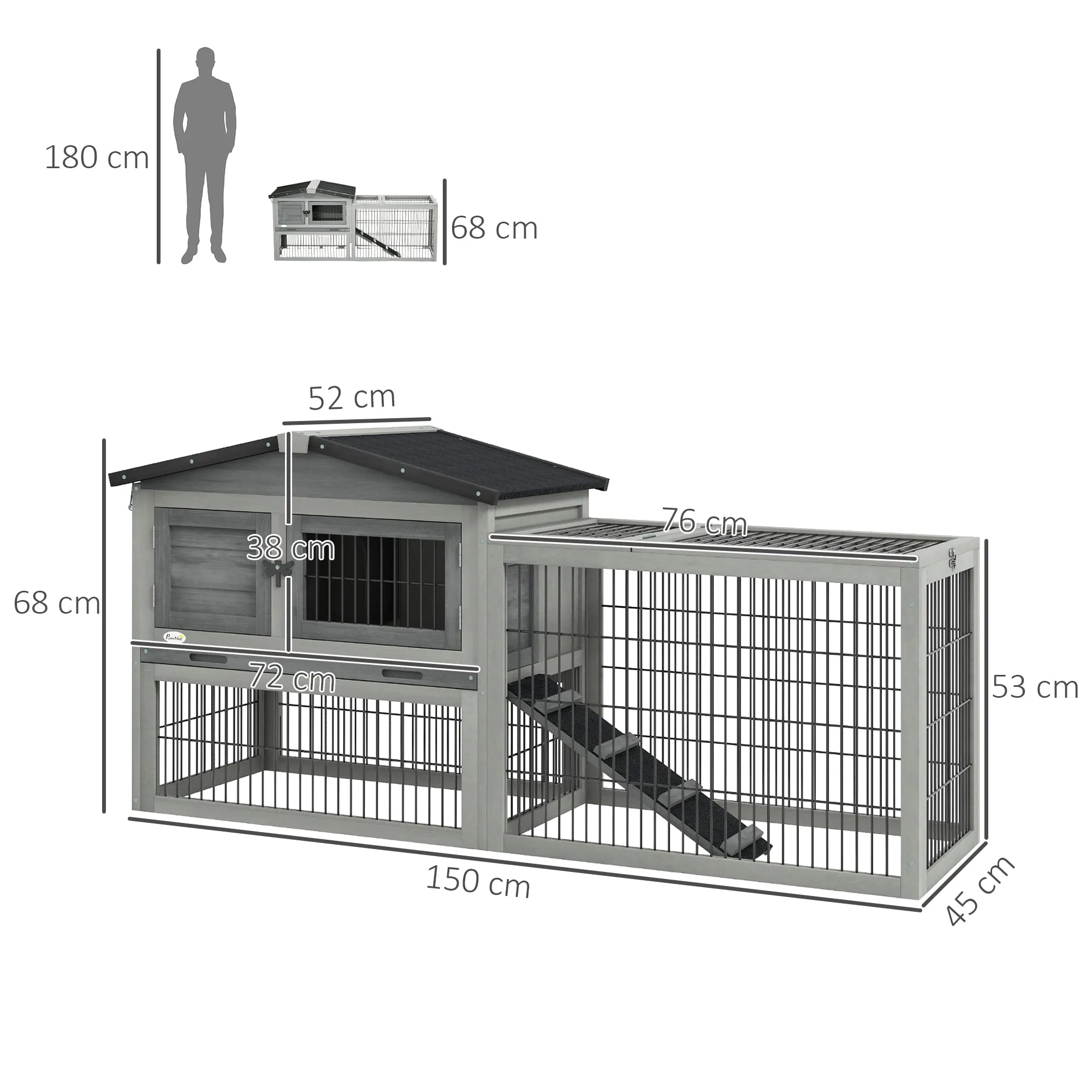 Wooden Rabbit Hutch with Outdoor Run Grey