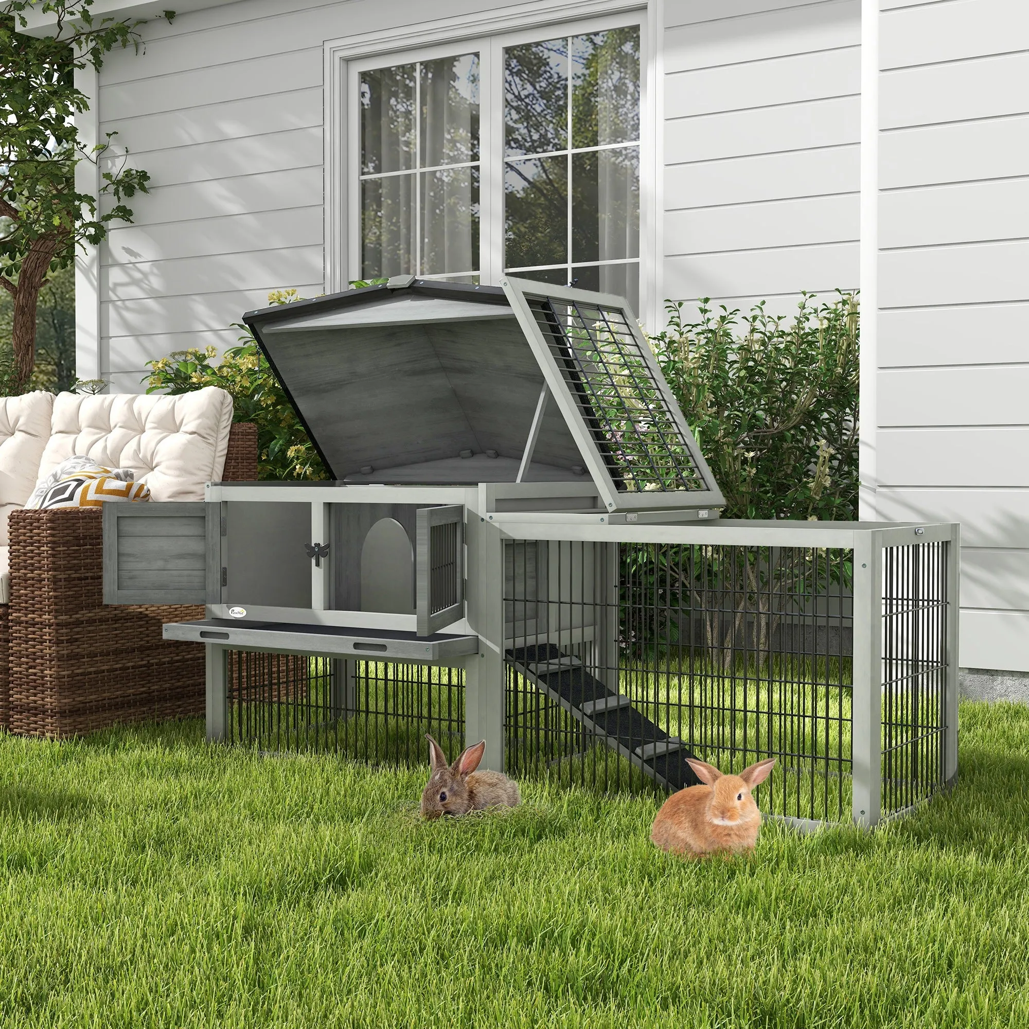 Wooden Rabbit Hutch with Outdoor Run Grey